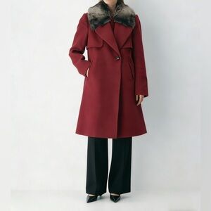 BNWOT Miss Viola Burgundy Wool Blend Coat with Faux Fur Collar